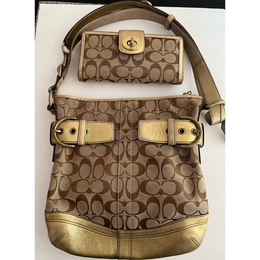 Vintage gold and brown coach purse and matching wallet